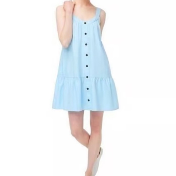 J. Crew Linen Blend Blue Faux Button Front Tiered Sleeveless Swing Dress SZ 16 - Picture 1 of 7